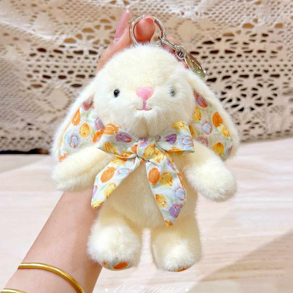 Plush Bunny Bag Charm – Floral Lined Ears, Lobster Clasp, 15 cm, Six Colours