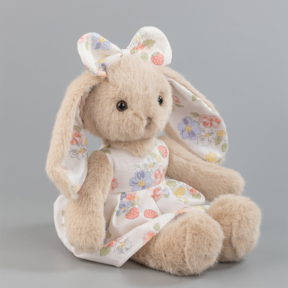 Beige Rabbit Plush Doll – Strawberry Dress, 35cm