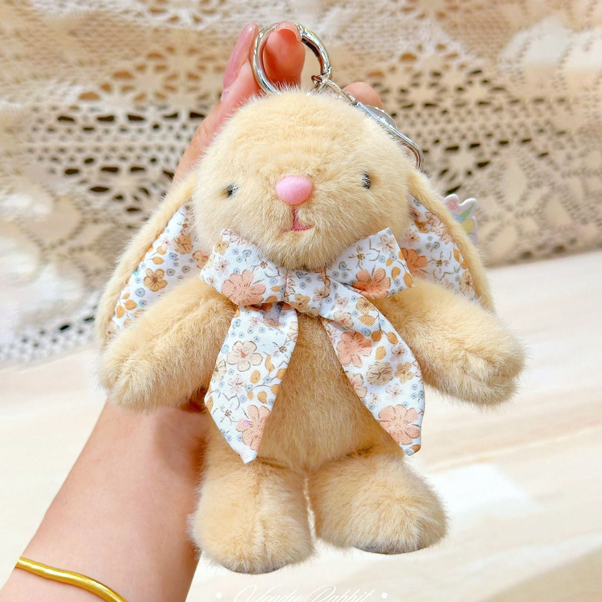 Plush Bunny Bag Charm – Floral Lined Ears, Lobster Clasp, 15 cm, Six Colours