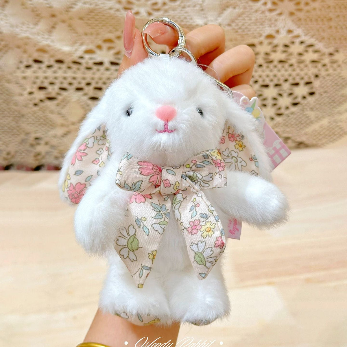 Plush Bunny Bag Charm – Floral Lined Ears, Lobster Clasp, 15 cm, Six Colours