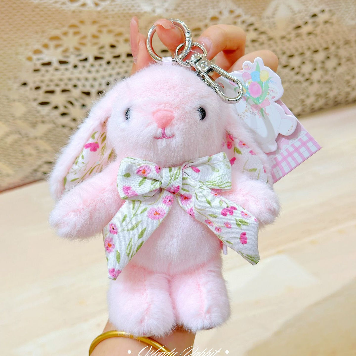Plush Bunny Bag Charm – Floral Lined Ears, Lobster Clasp, 15 cm, Six Colours