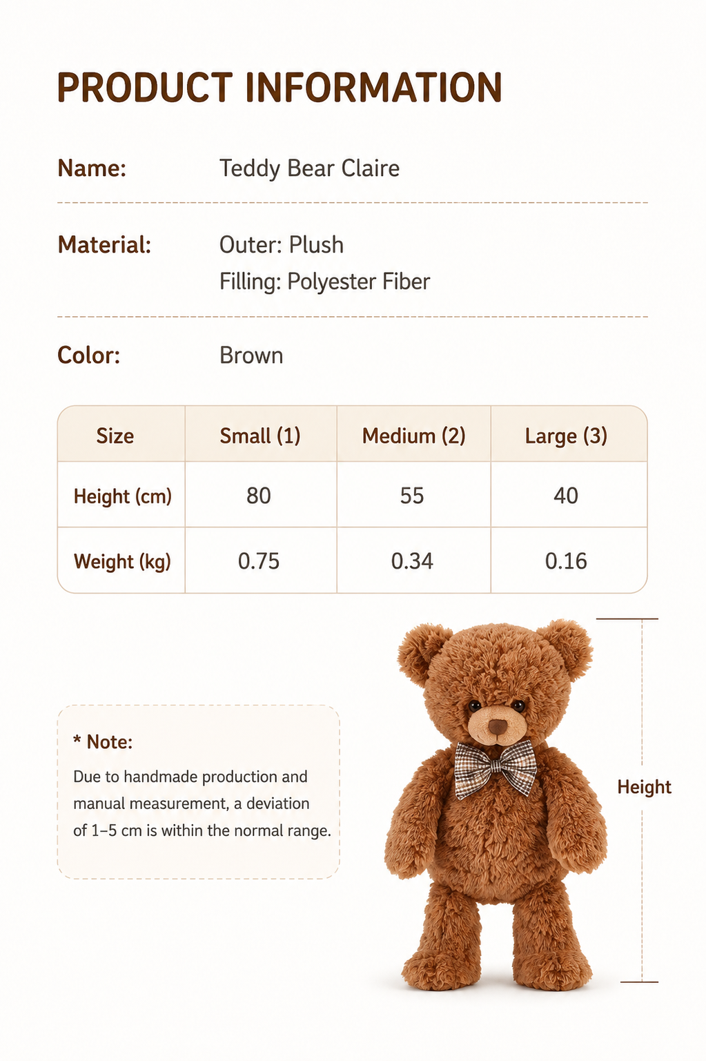 Classic Brown Teddy Bear – Plush Bear with Bow Tie