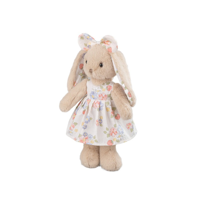 Beige Rabbit Plush Doll – Strawberry Dress, 35cm