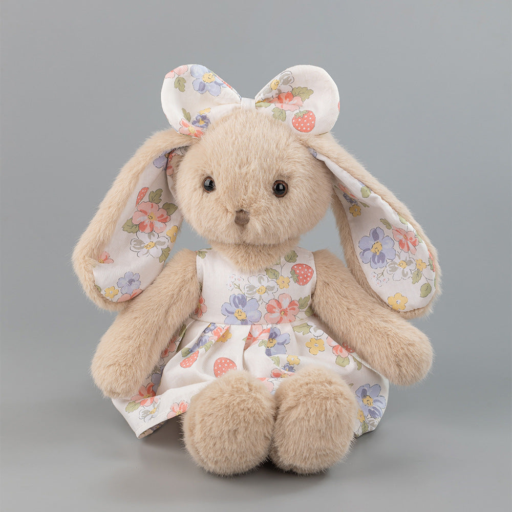 Beige Rabbit Plush Doll – Strawberry Dress, 35cm
