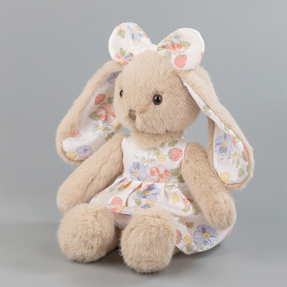 Beige Rabbit Plush Doll – Strawberry Dress, 35cm