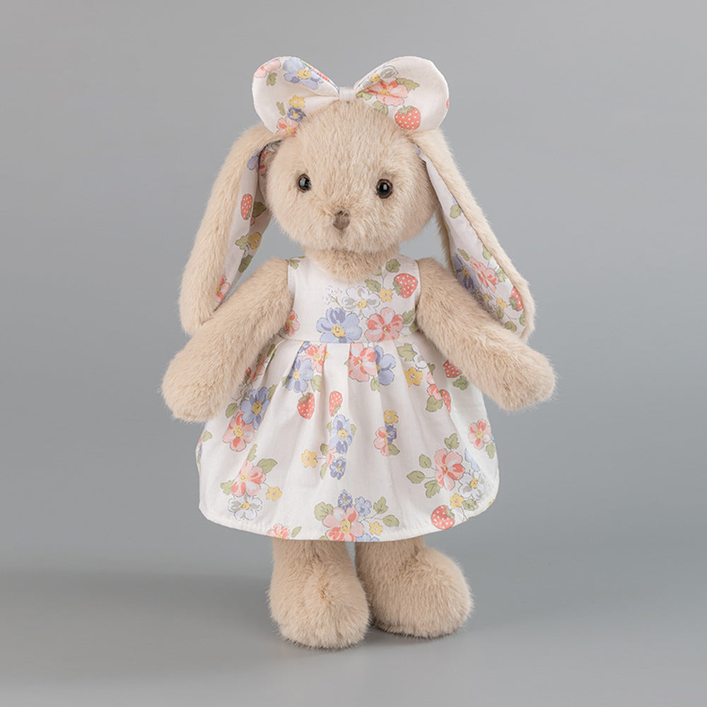 Beige Rabbit Plush Doll – Strawberry Dress, 35cm