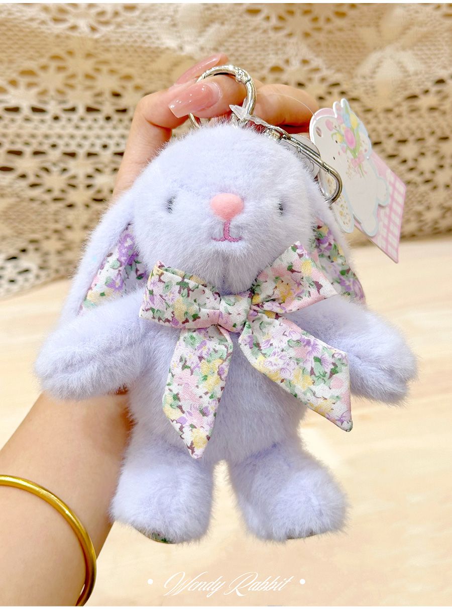 Plush Bunny Bag Charm – Floral Lined Ears, Lobster Clasp, 15 cm, Six Colours
