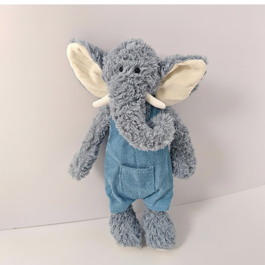 Elephant Plush Toy in Overalls - Soft Dressed Cuddly Elephant